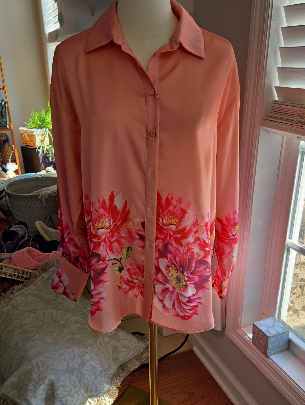 Catherine Malandrino Coral Pink Floral Button-Down Shirt
